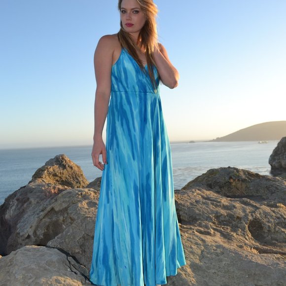 long Maxi dress halter Silk Blue white stripe tiedyed beach wedding maternity XL - Picture 4 of 5